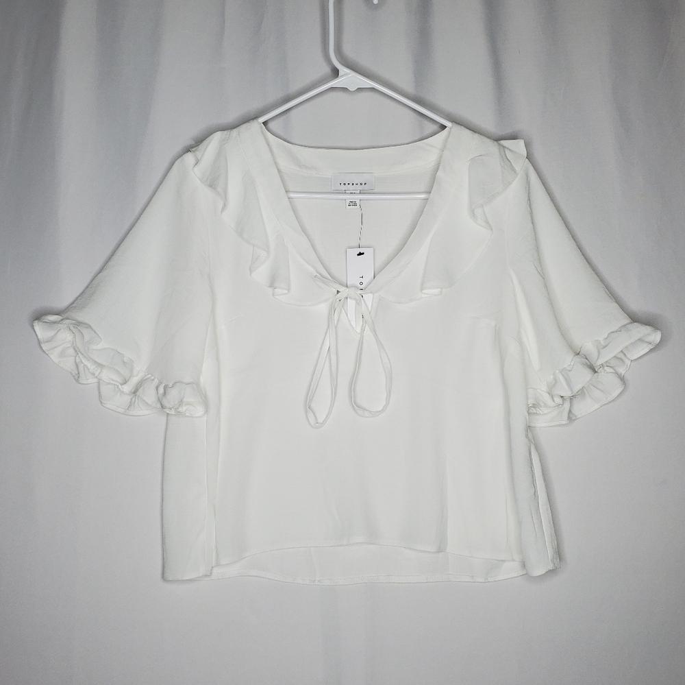 Topshop Ruffle Crop Button‎ Top Women 4 White Tie Front Short Sleeve Cottagecore
